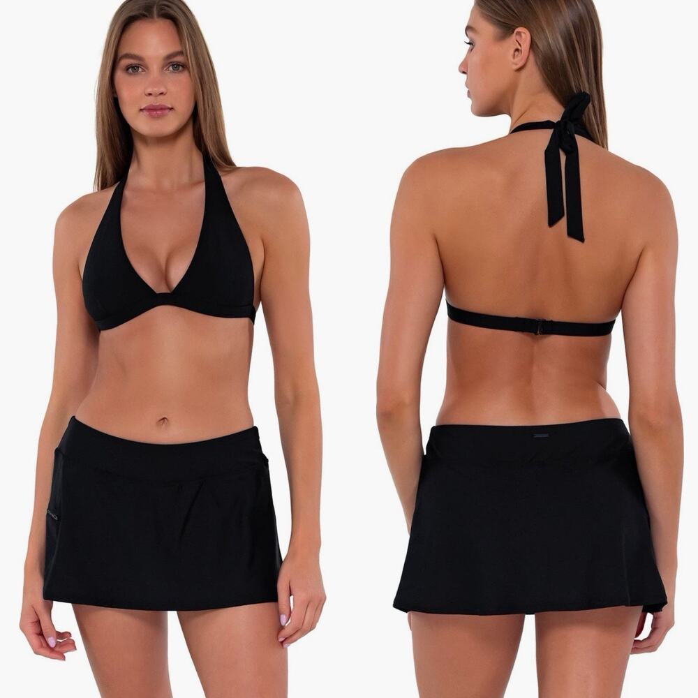 Sunsets Sporty Swim Skirt Black Stretch Built-In Shorts Swimwear 14 NWT